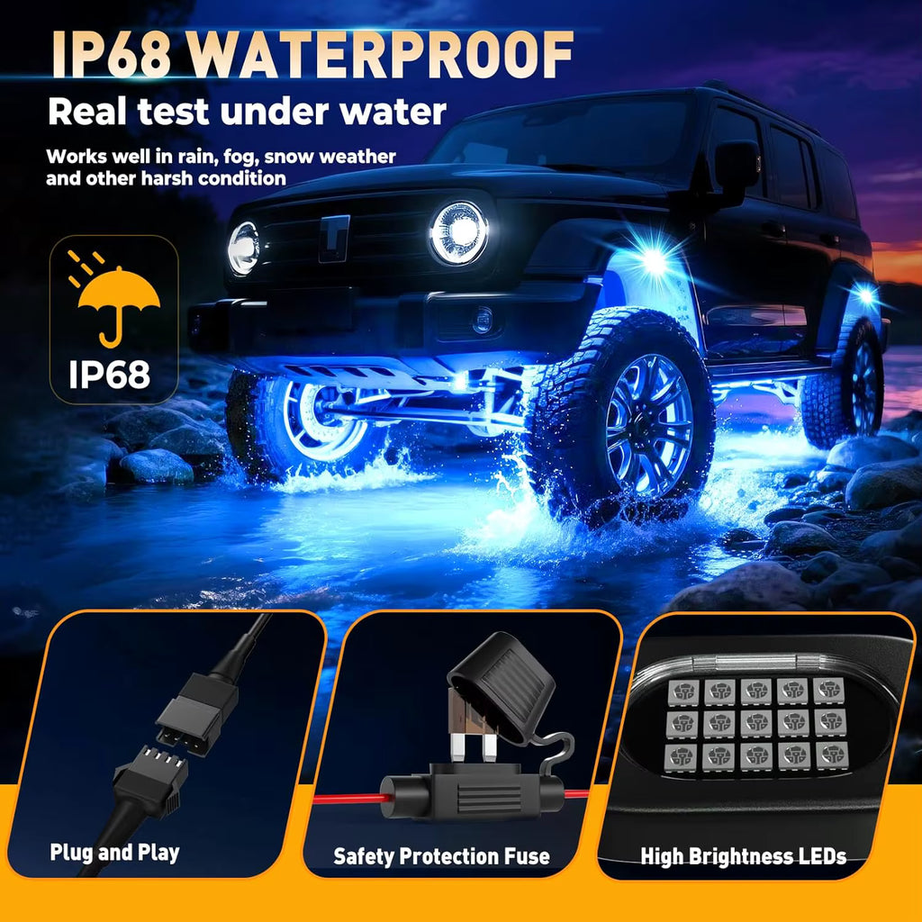 4/8/12PCS RGB Neon LED Rock Light 3D Lens Car Underglow Chassis Light Universal For Jeep Truck SUV ATV UTV