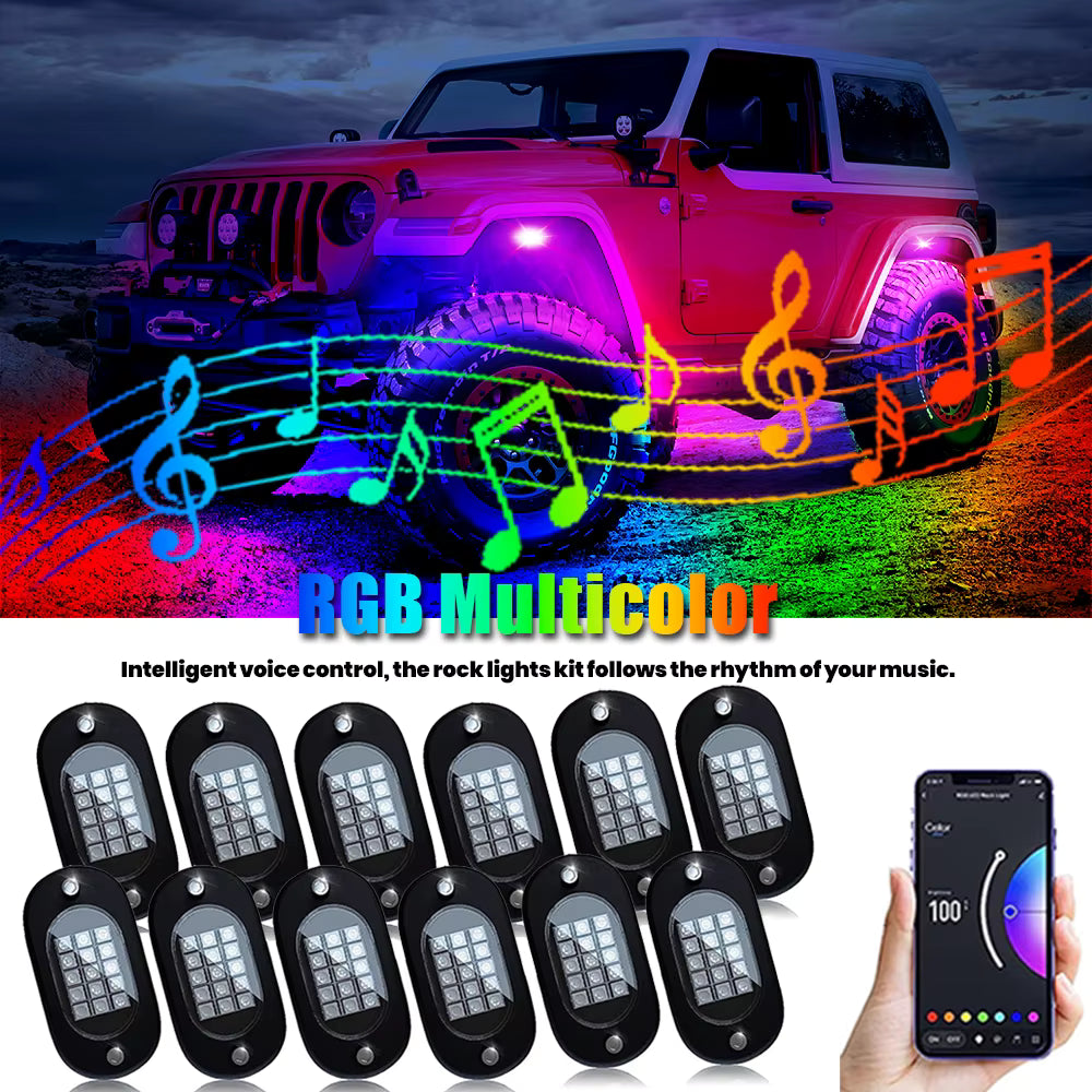 4/8/12PCS RGB Neon LED Rock Light 3D Lens Car Underglow Chassis Light Universal For Jeep Truck SUV ATV UTV